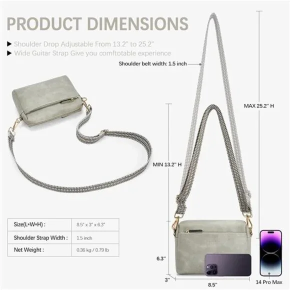 Women Gray Small Crossbody Purse Zip Leather Handbag with Colored Shoulder Strap